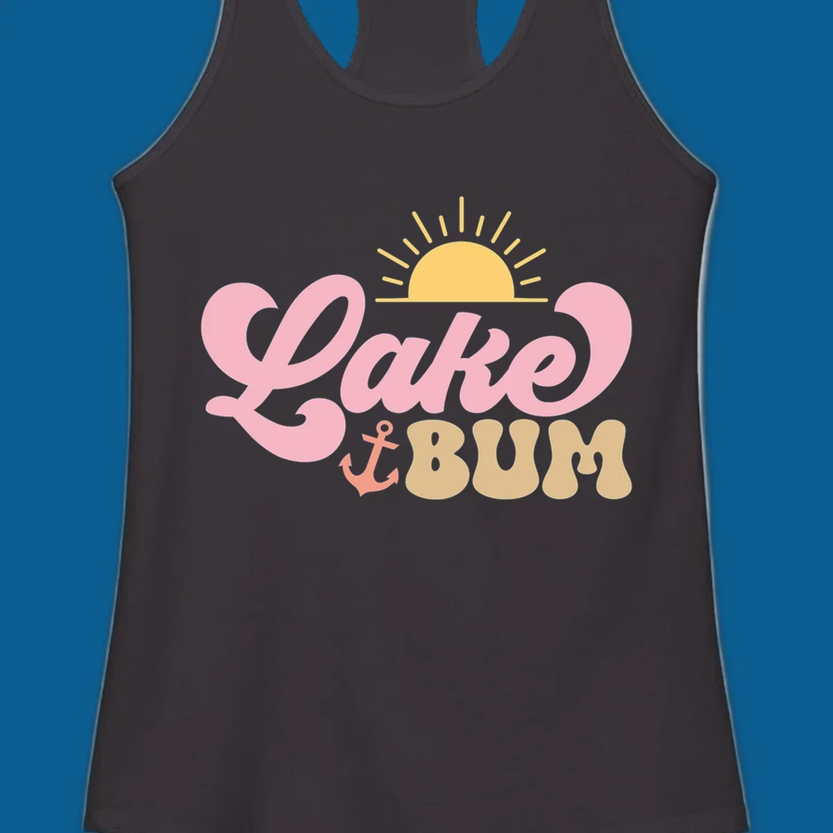 Retro Lake Bum graphic with sun and anchor. lake-bum-retro