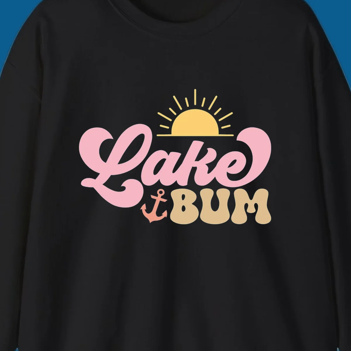 Retro Lake Bum graphic with sun and anchor. lake-bum-retro