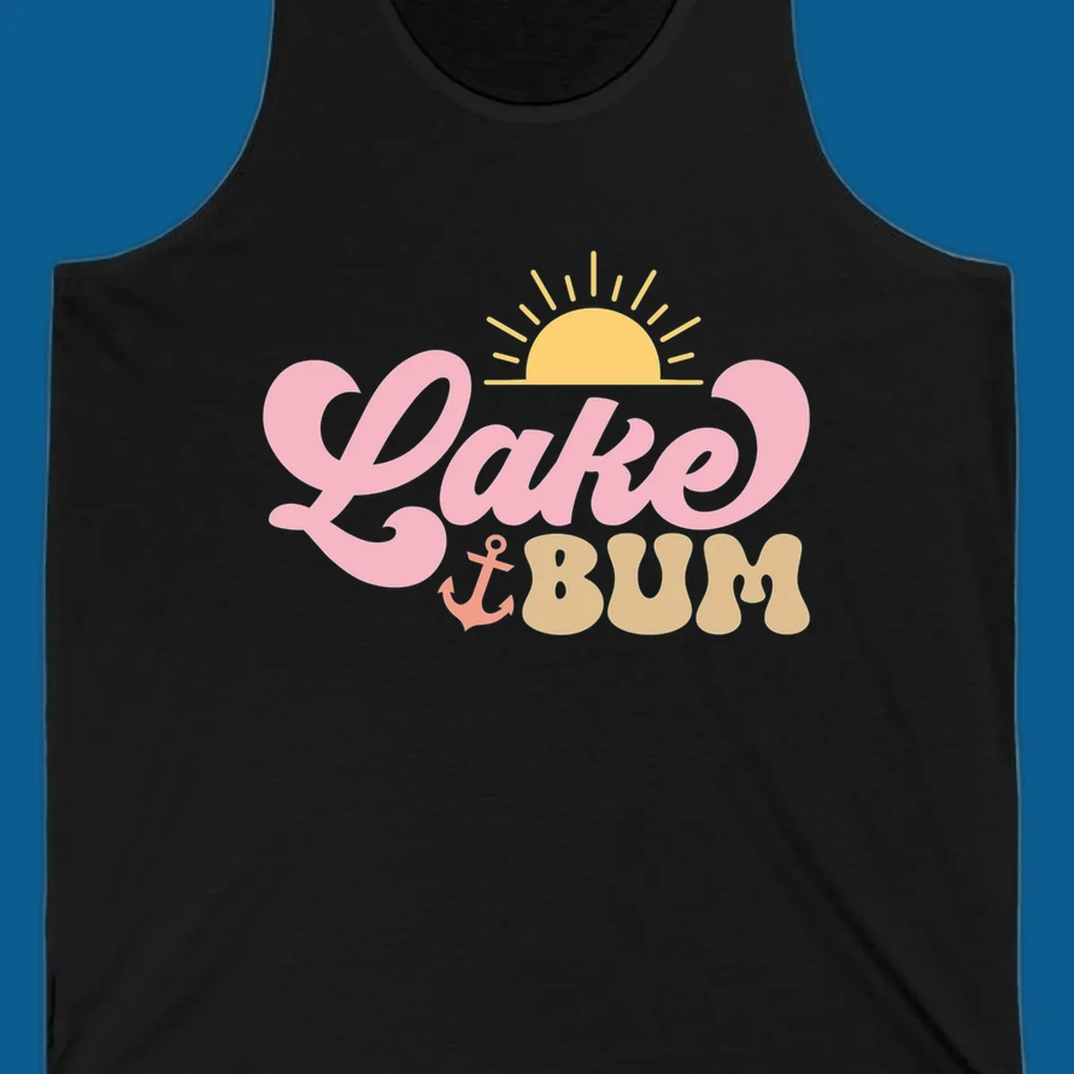 Retro Lake Bum graphic with sun and anchor. lake-bum-retro