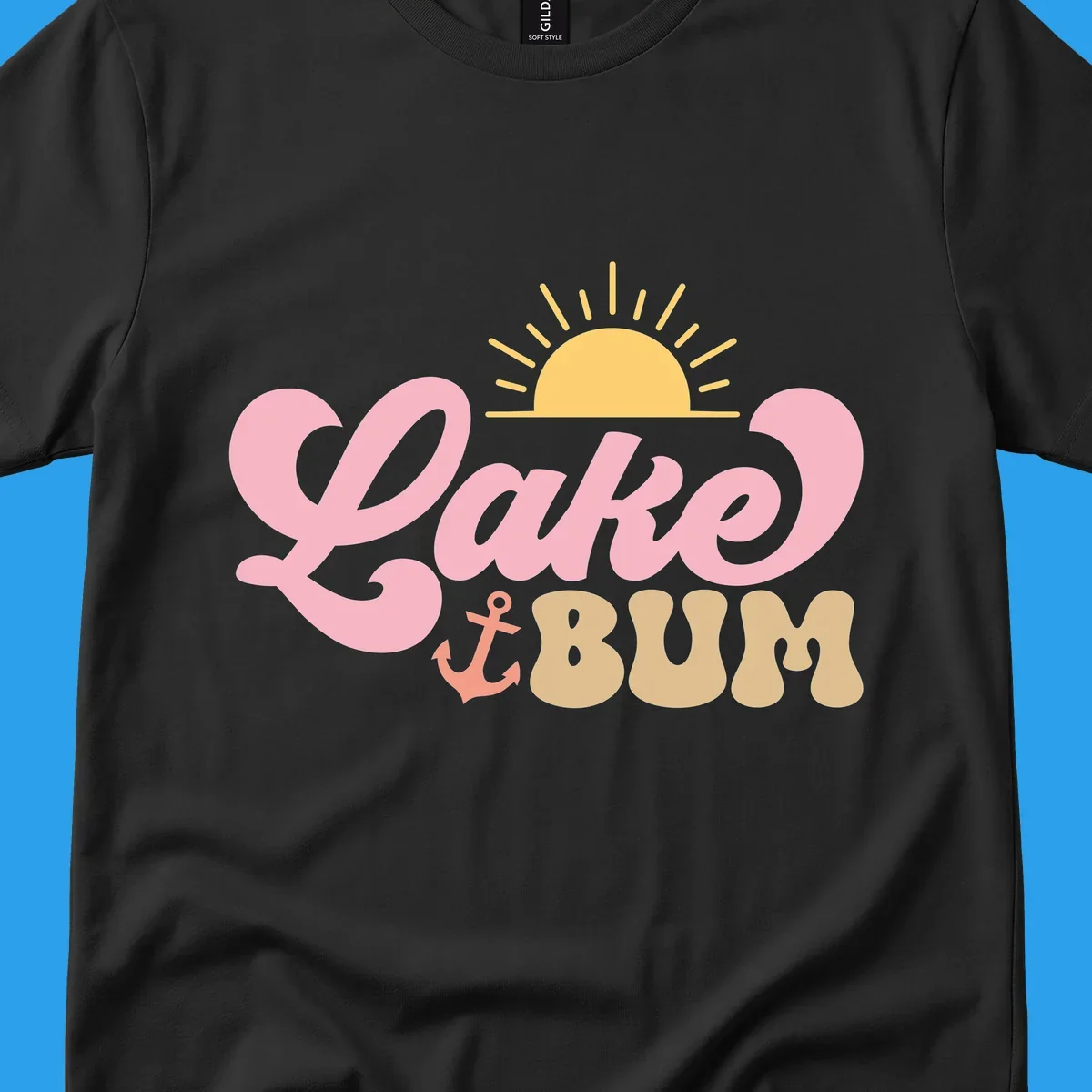 Retro Lake Bum graphic with sun and anchor. lake-bum-retro