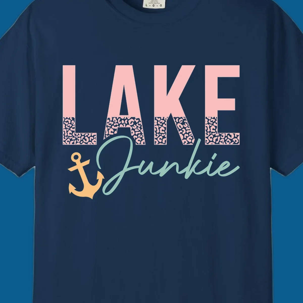 Lake Junkie text with anchor and leopard print, lake-life apparel graphic.