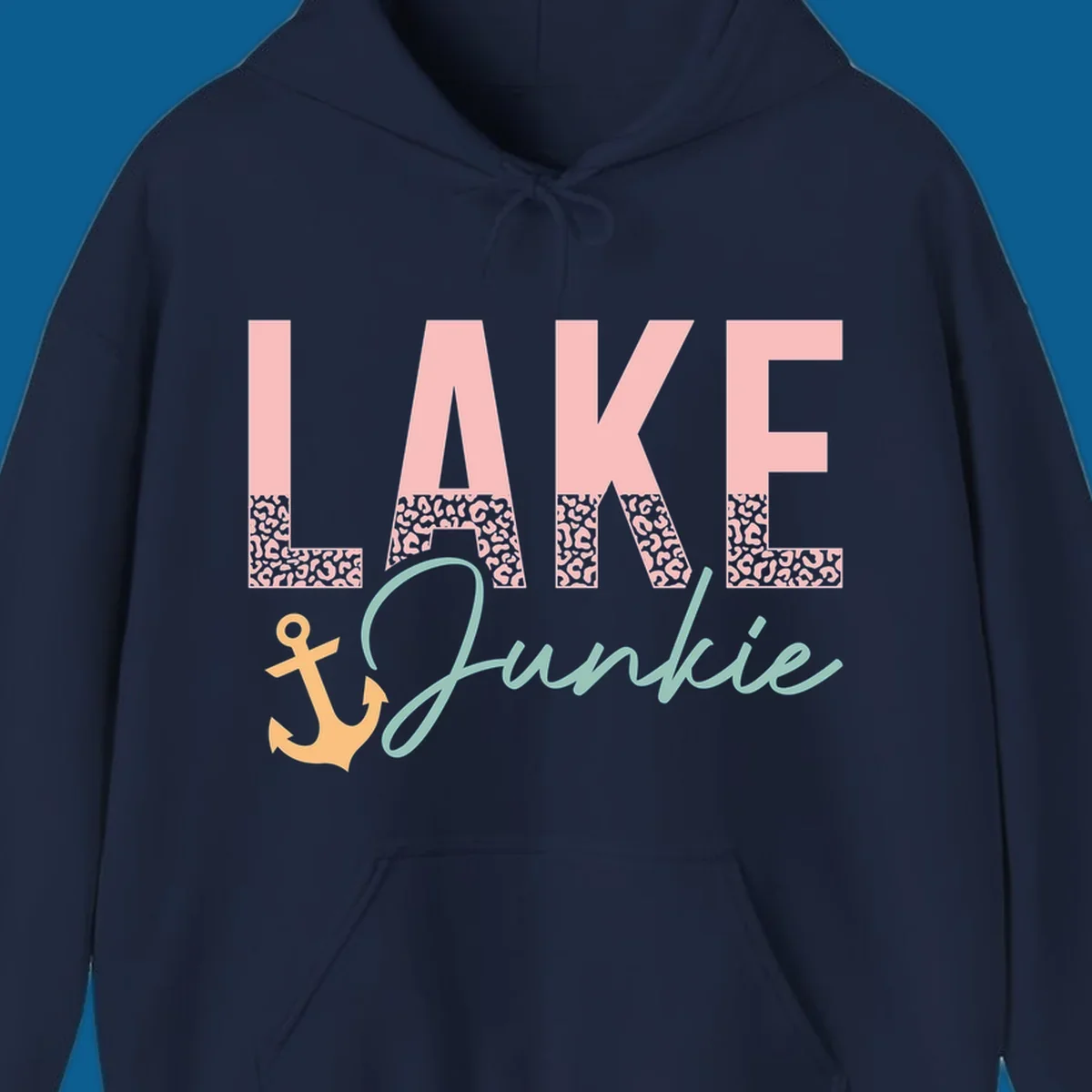 Lake Junkie text with anchor and leopard print, lake-life apparel graphic.
