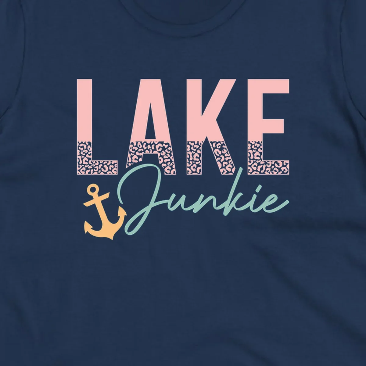 Lake Junkie text with anchor and leopard print, lake-life apparel graphic.