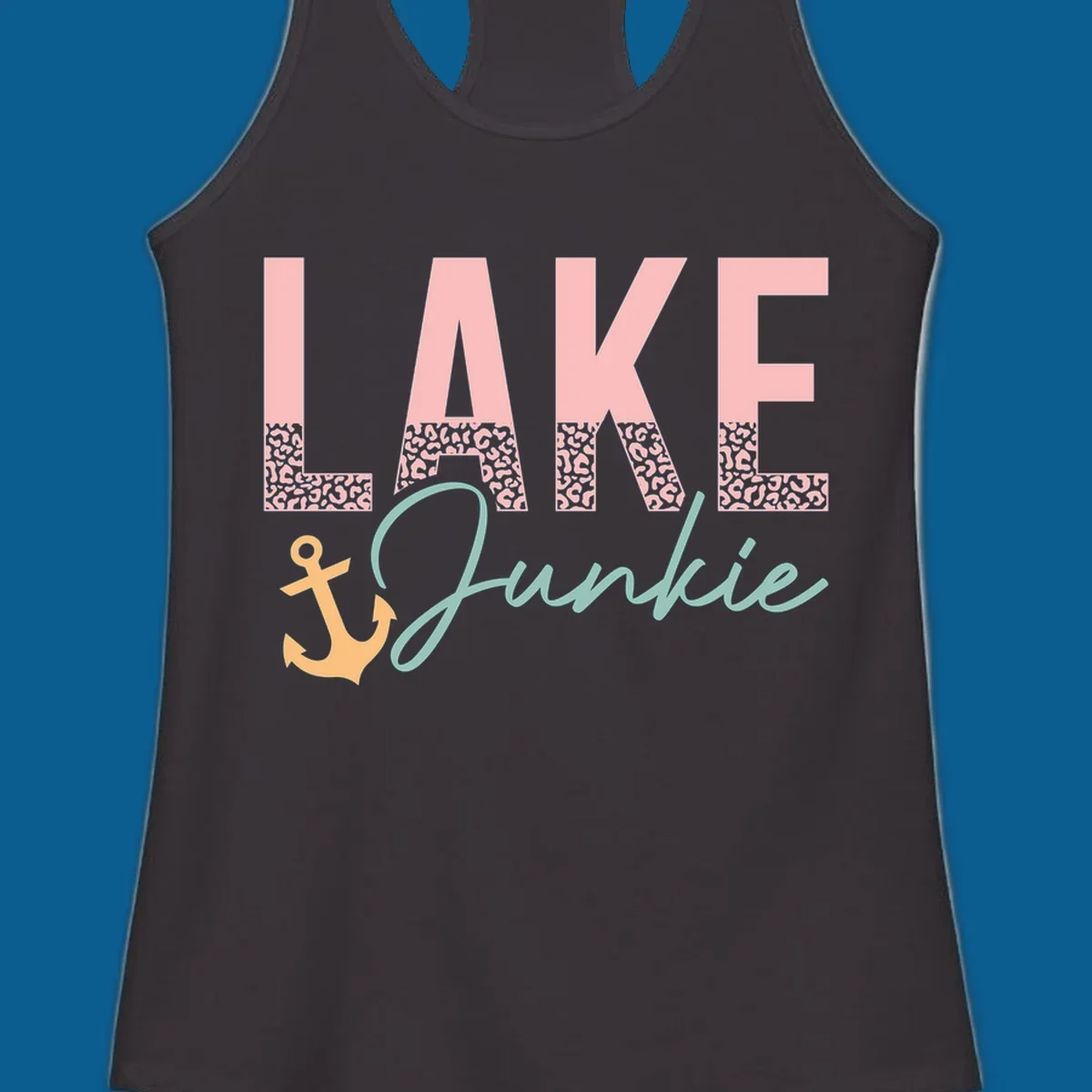 Lake Junkie text with anchor and leopard print, lake-life apparel graphic.