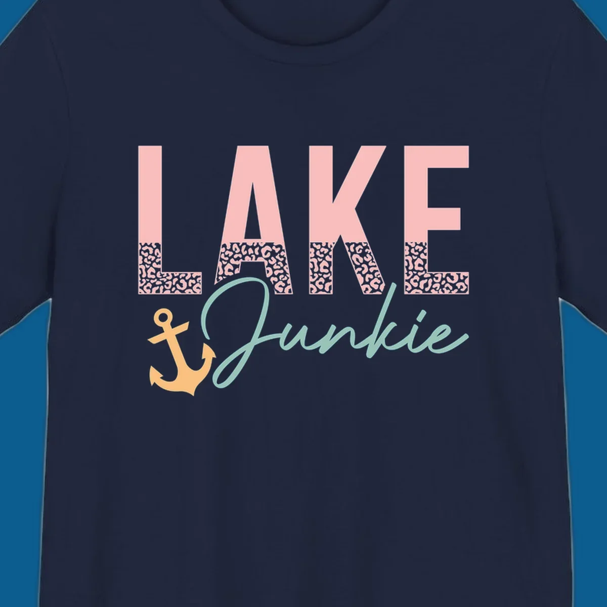 Lake Junkie text with anchor and leopard print, lake-life apparel graphic.