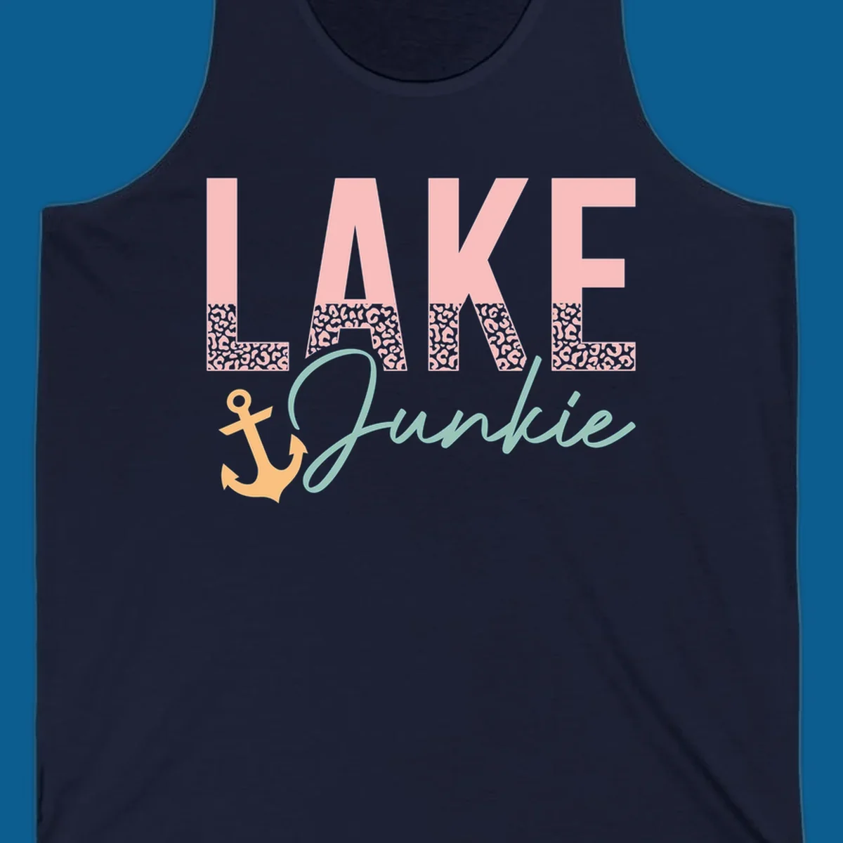 Lake Junkie text with anchor and leopard print, lake-life apparel graphic.