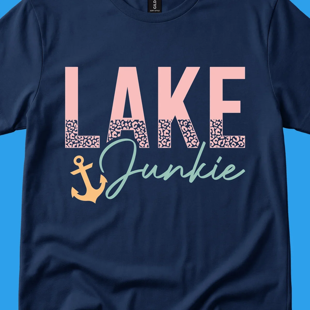 Lake Junkie text with anchor and leopard print, lake-life apparel graphic.