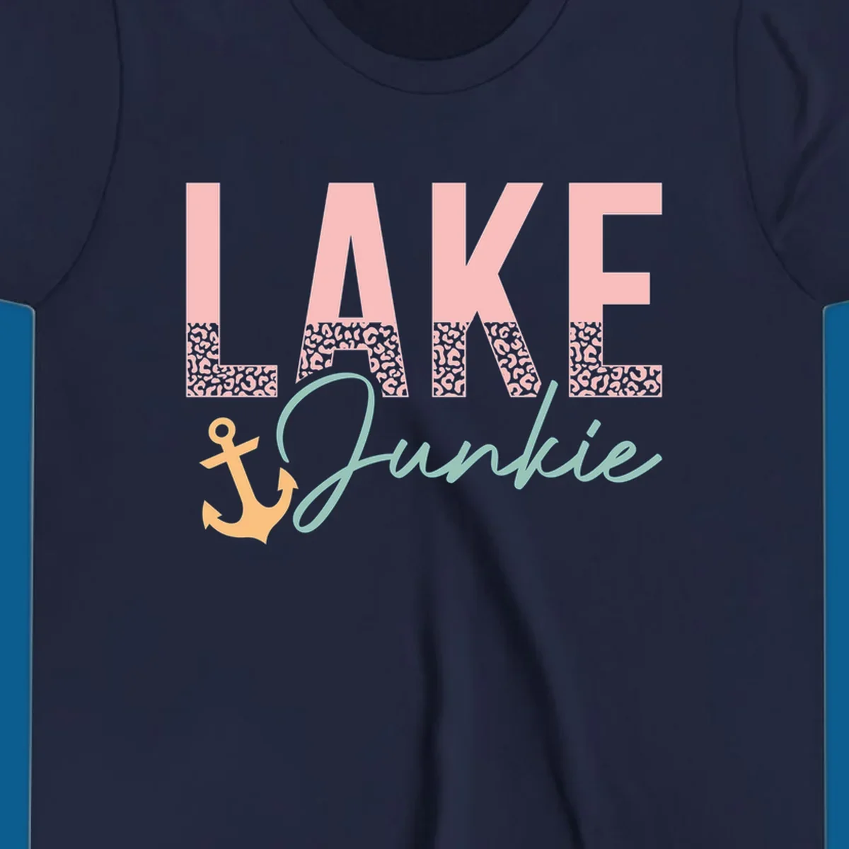 Lake Junkie text with anchor and leopard print, lake-life apparel graphic.