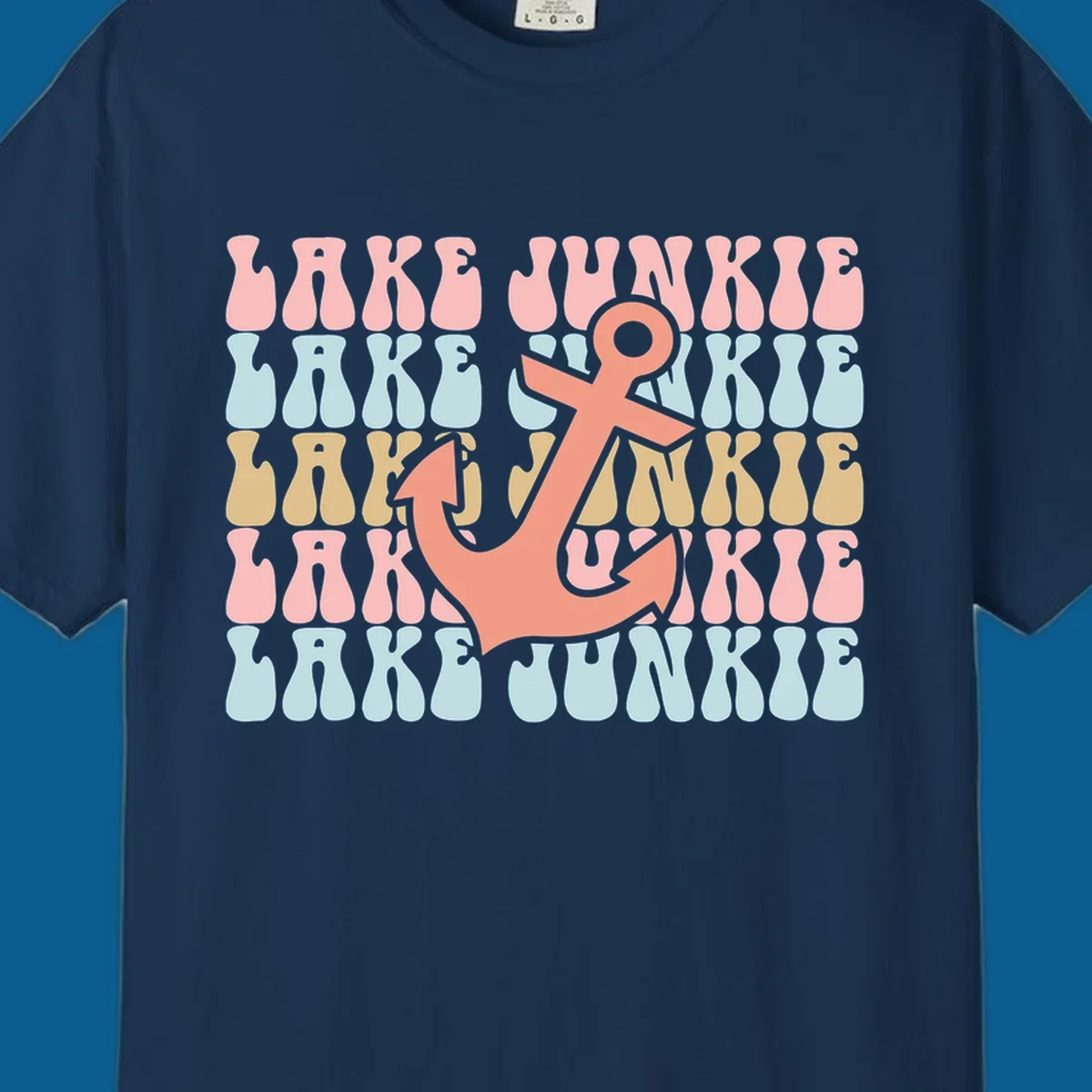 Retro wavy text 'Lake Junkie' with a coral anchor graphic, representing lake-junkie-anchor.