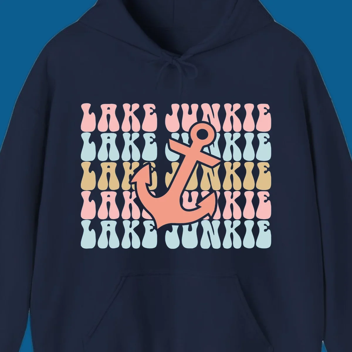 Retro wavy text 'Lake Junkie' with a coral anchor graphic, representing lake-junkie-anchor.