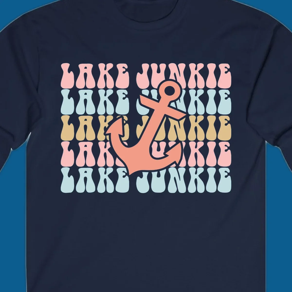 Retro wavy text 'Lake Junkie' with a coral anchor graphic, representing lake-junkie-anchor.