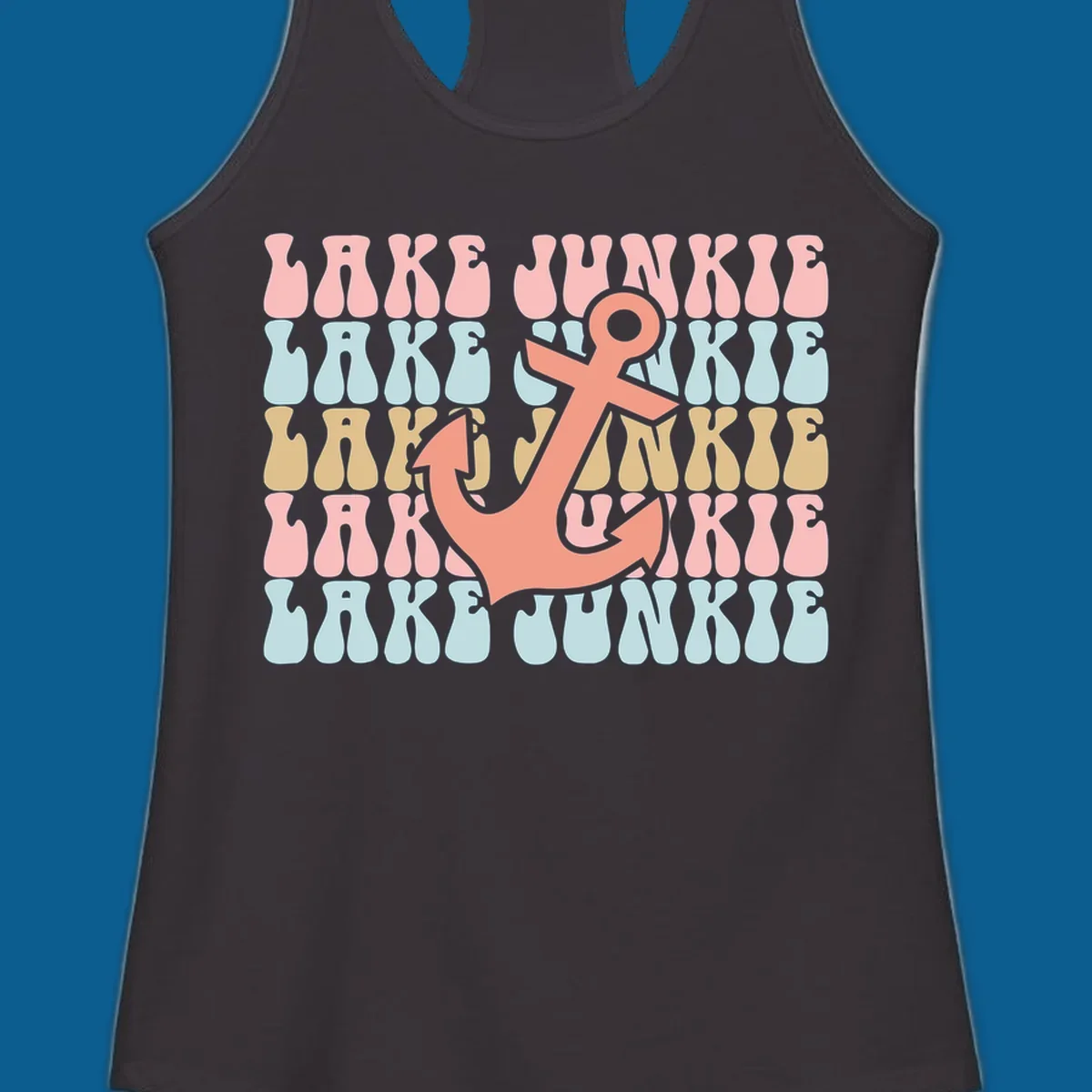 Retro wavy text 'Lake Junkie' with a coral anchor graphic, representing lake-junkie-anchor.