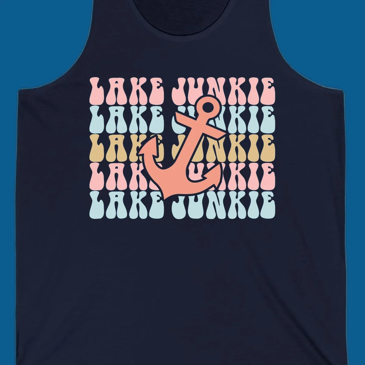 Retro wavy text 'Lake Junkie' with a coral anchor graphic, representing lake-junkie-anchor.