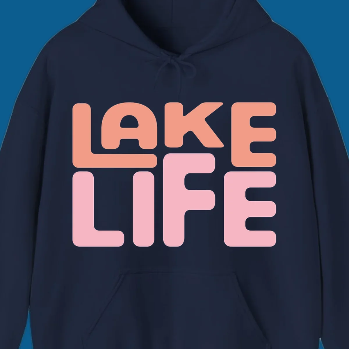 Bold typography design spelling LAKE LIFE in peach and pink.