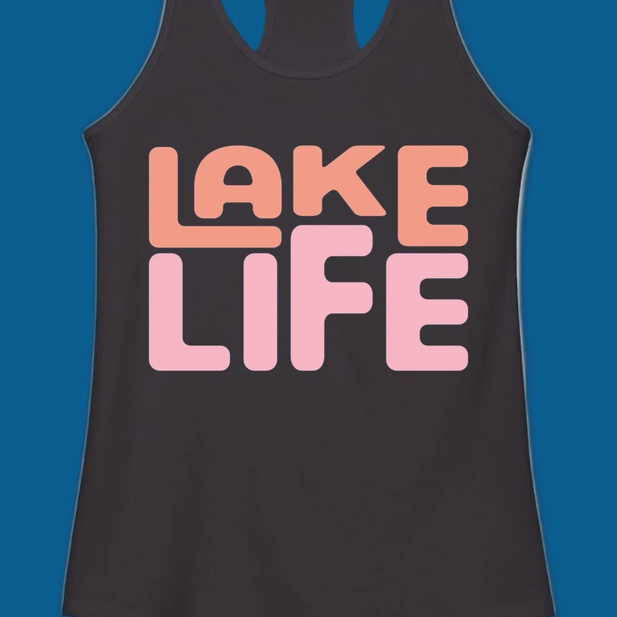 Bold typography design spelling LAKE LIFE in peach and pink.