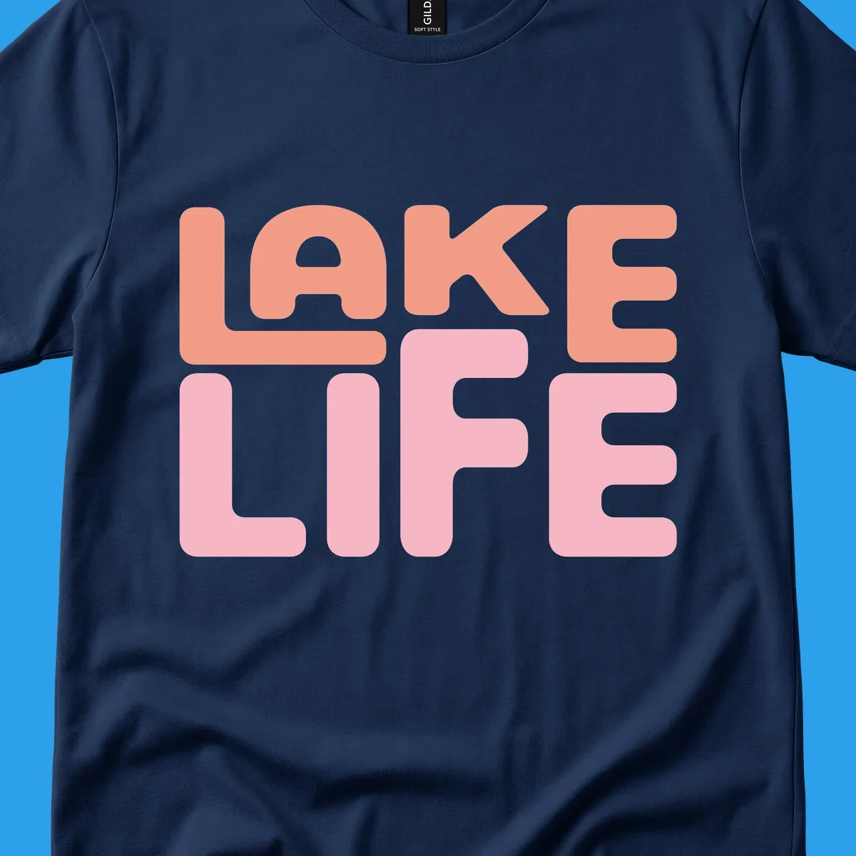 Bold typography design spelling LAKE LIFE in peach and pink.
