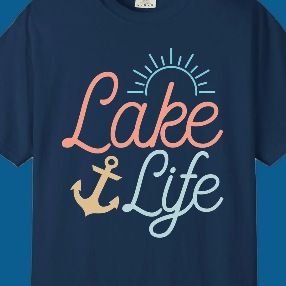 Lake life typography design with anchor and sun graphic