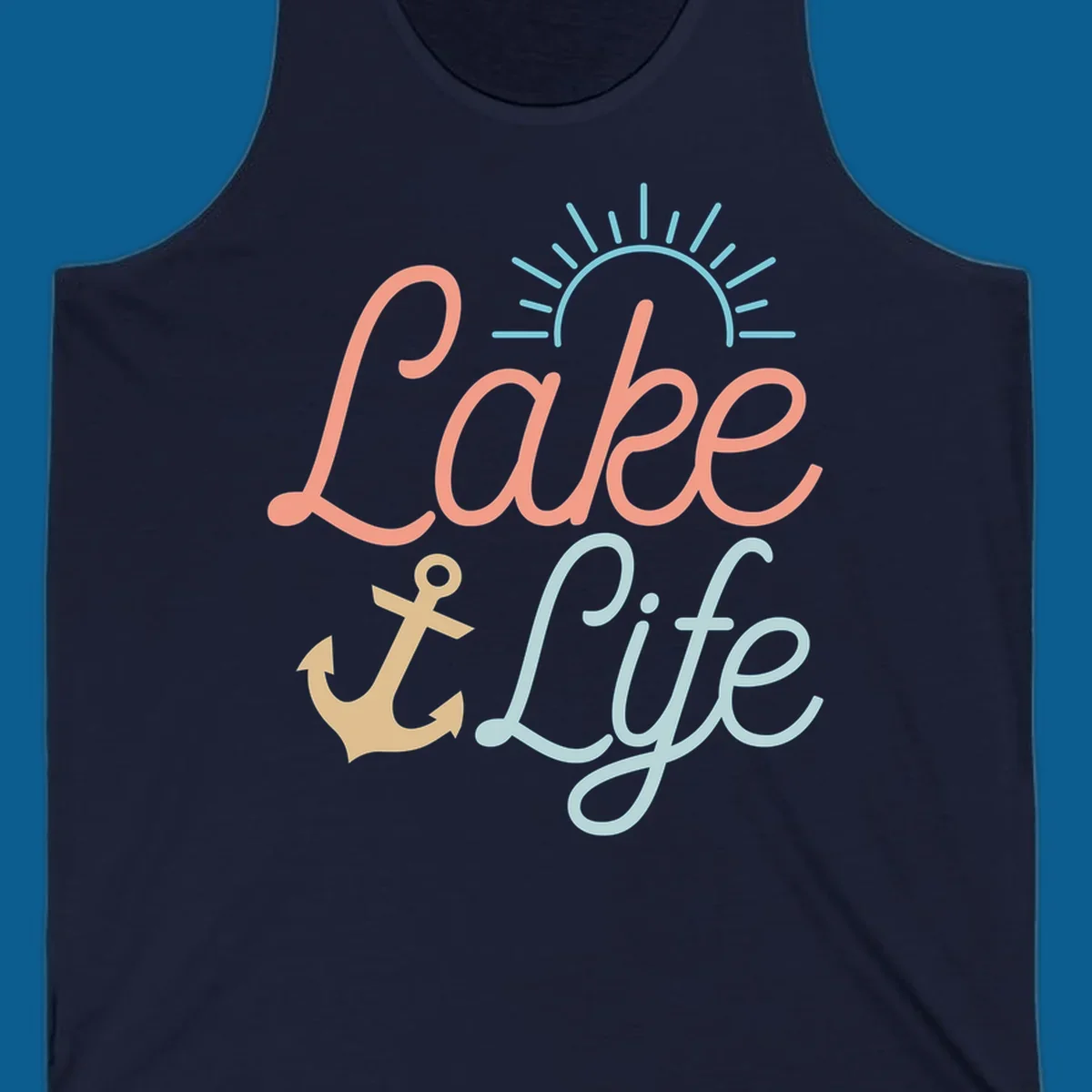 Lake life typography design with anchor and sun graphic