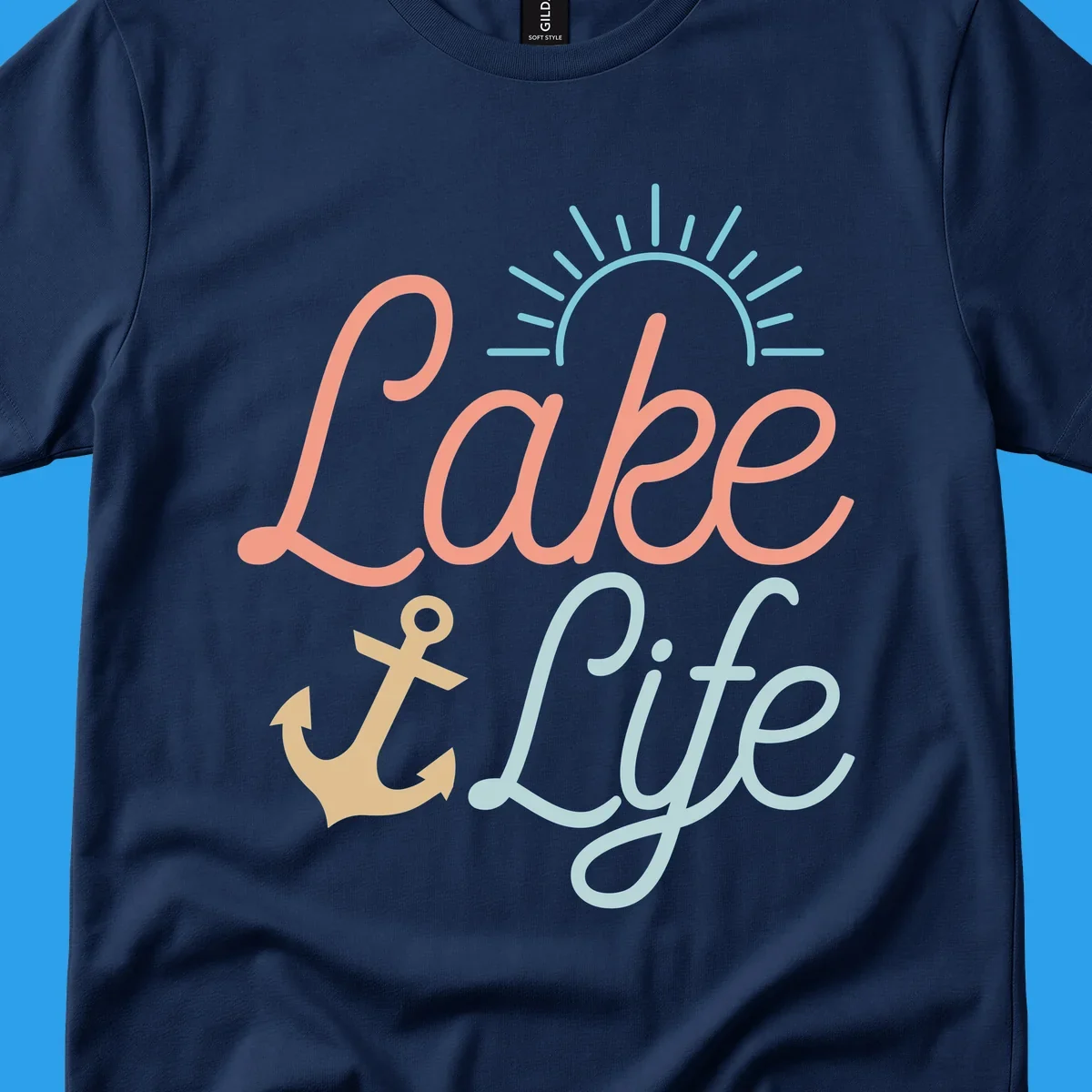 Lake life typography design with anchor and sun graphic