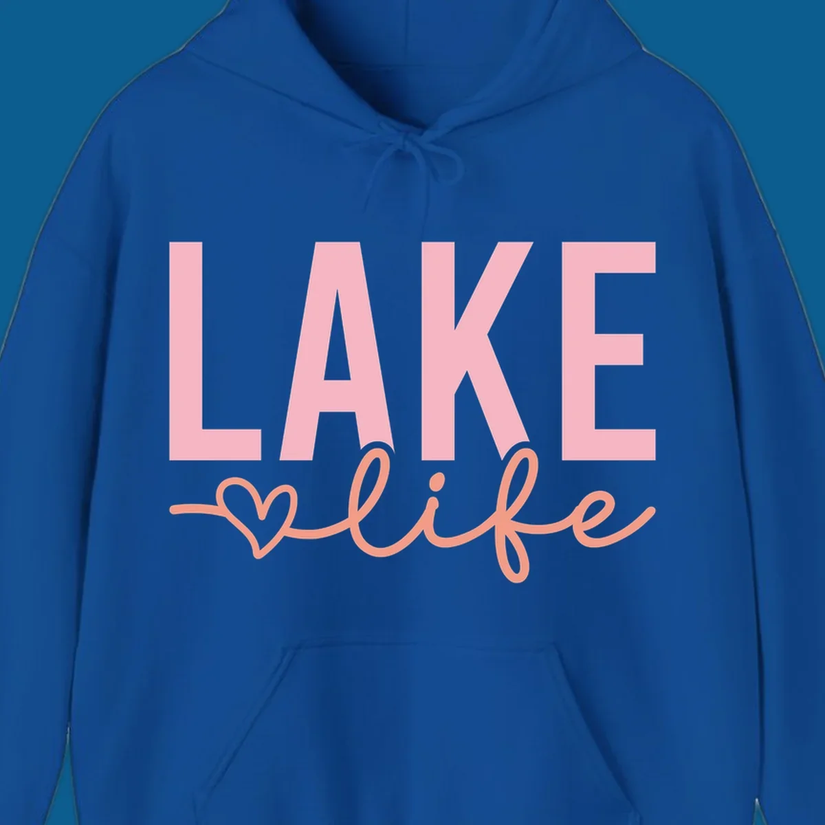 Lake life script design with pink letters and peach cursive text with a heart. lake-life-script