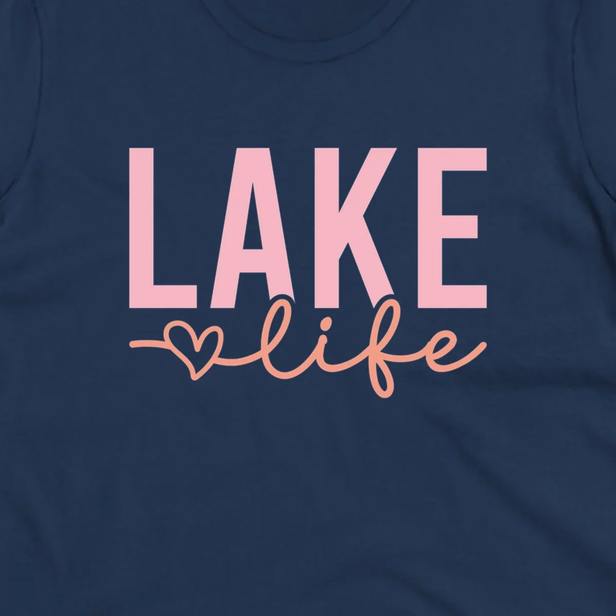 Lake life script design with pink letters and peach cursive text with a heart. lake-life-script
