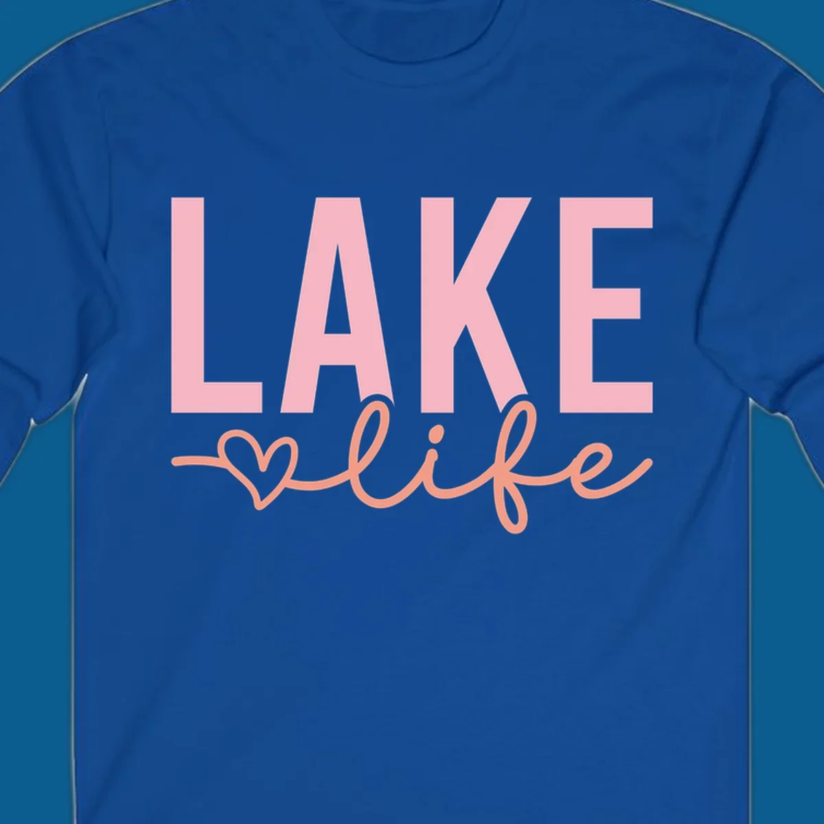 Lake life script design with pink letters and peach cursive text with a heart. lake-life-script