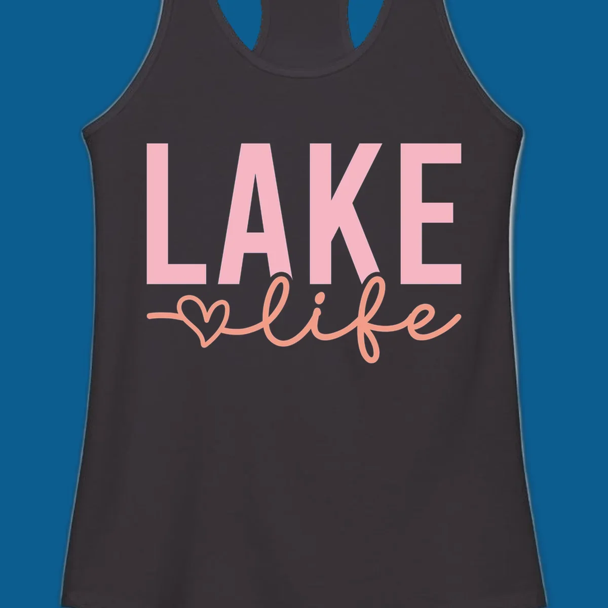 Lake life script design with pink letters and peach cursive text with a heart. lake-life-script