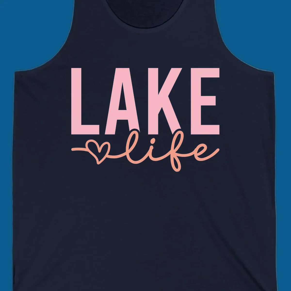 Lake life script design with pink letters and peach cursive text with a heart. lake-life-script
