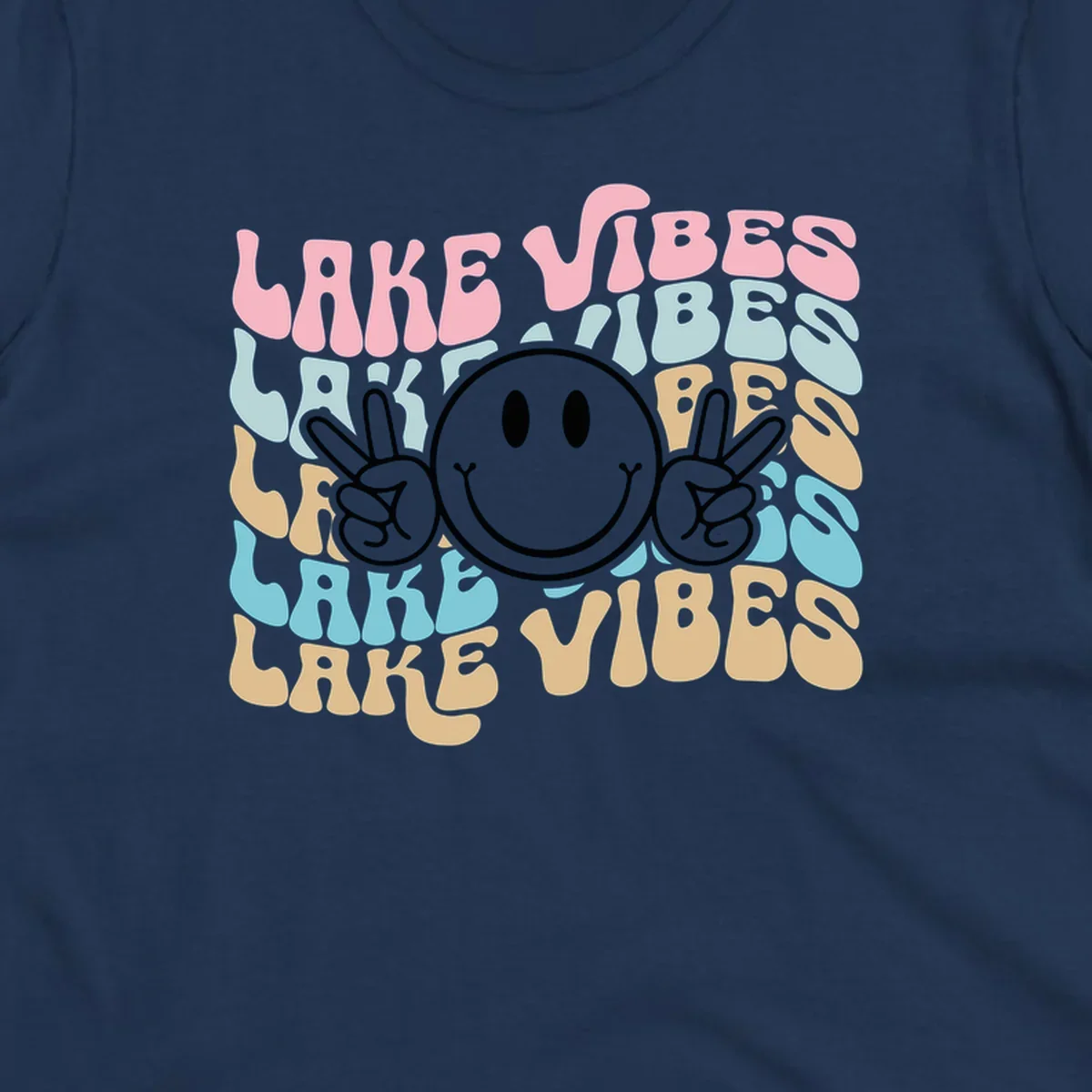 Retro lake vibes text with a black smiley face and peace signs.