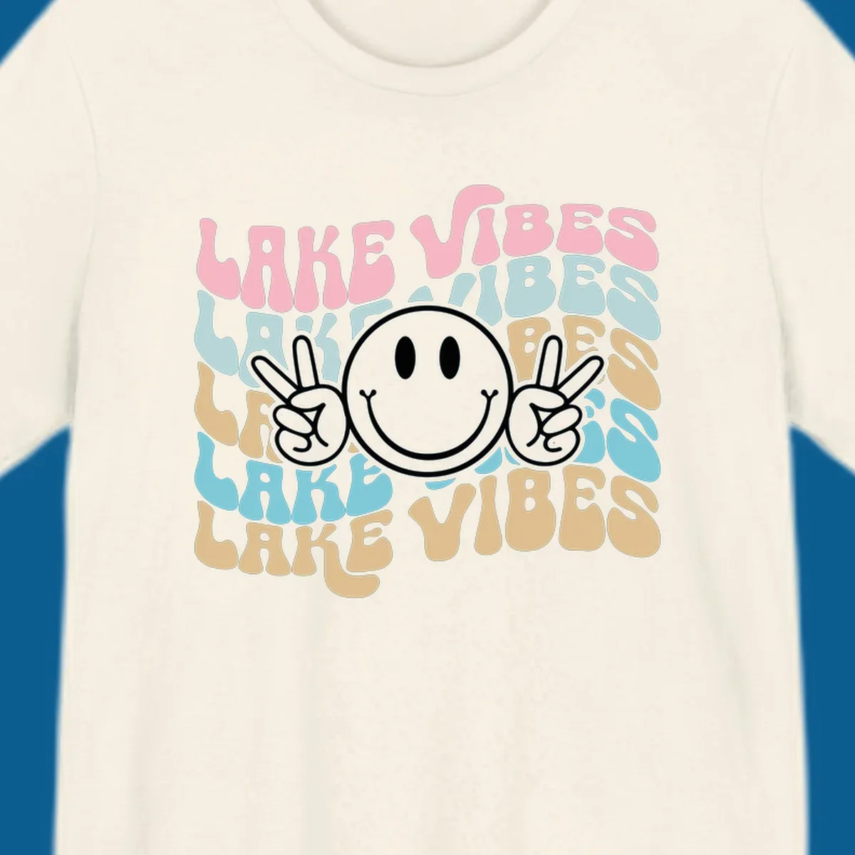Retro lake vibes text with a black smiley face and peace signs.