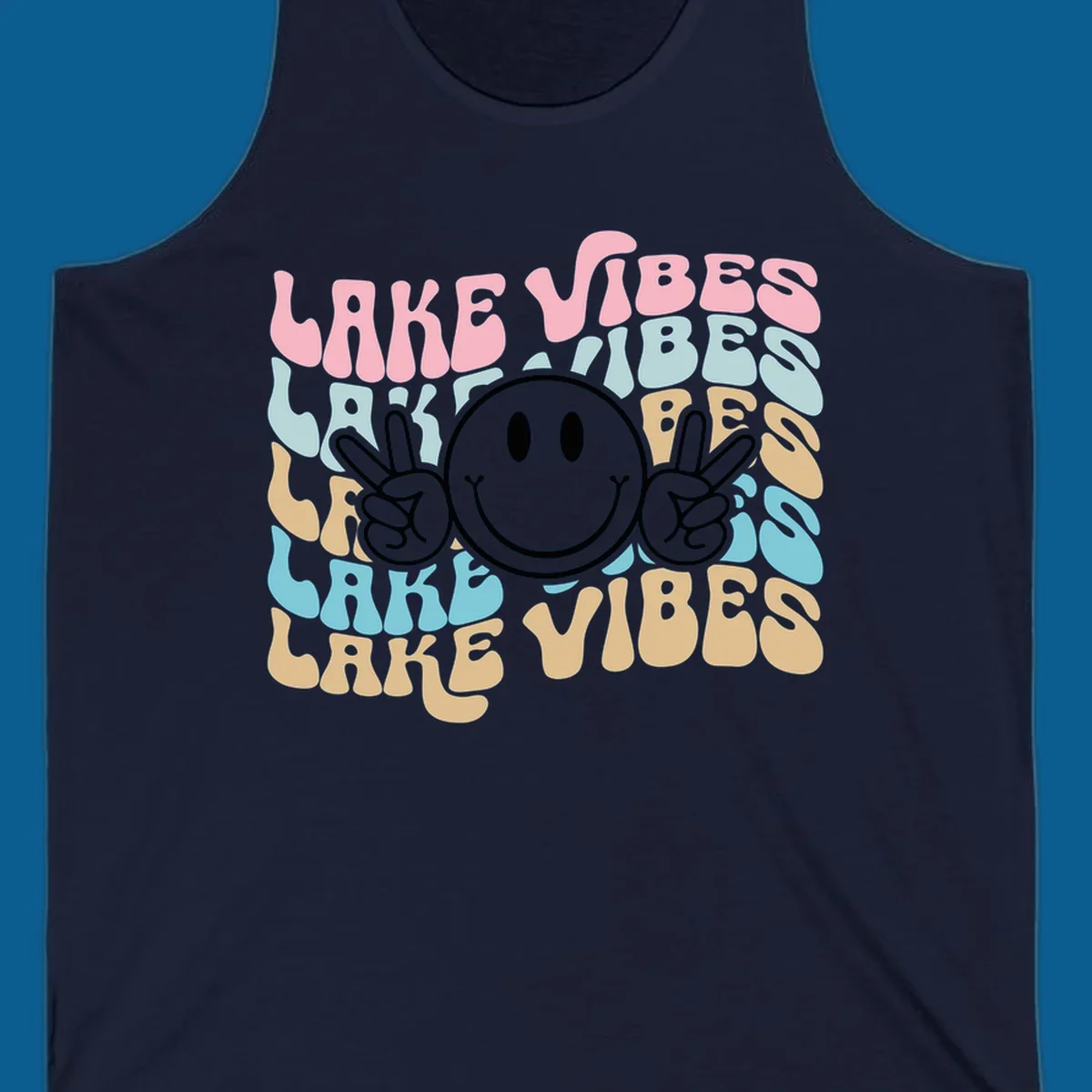 Retro lake vibes text with a black smiley face and peace signs.