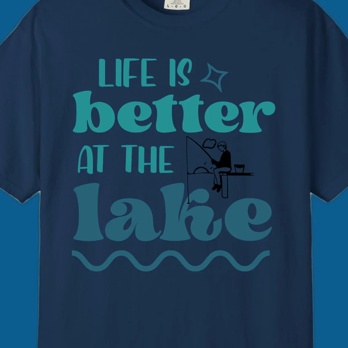 Life is better at the lake fishing design with silhouette on dock.