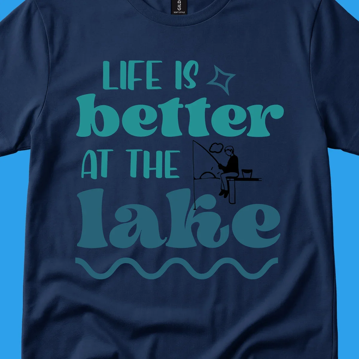 Life is better at the lake fishing design with silhouette on dock.