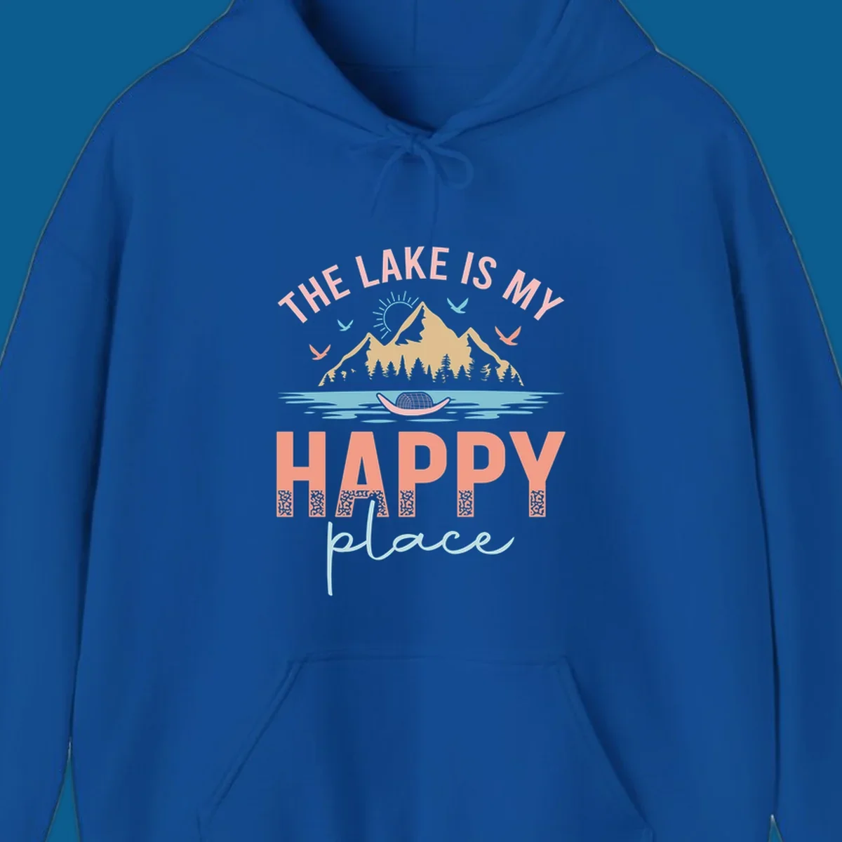 The Lake Is My Happy Place design with mountains, sun, birds, lake, and text.
