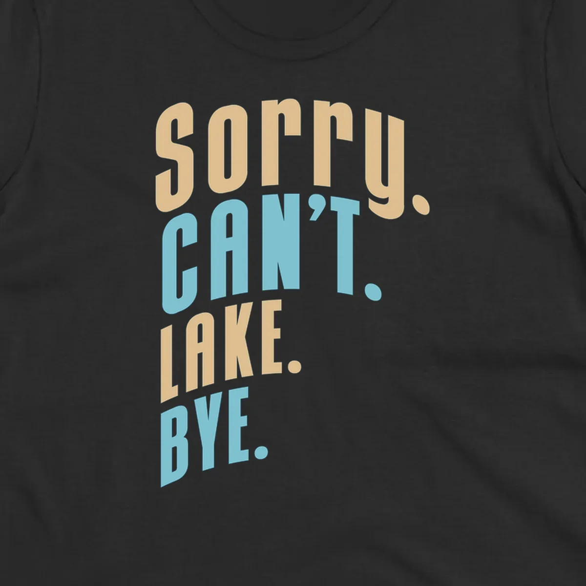 Typography design with the phrase 'sorry. CAN't. LAKE. BYE.' in tan and blue, for lake life enthusiasts.