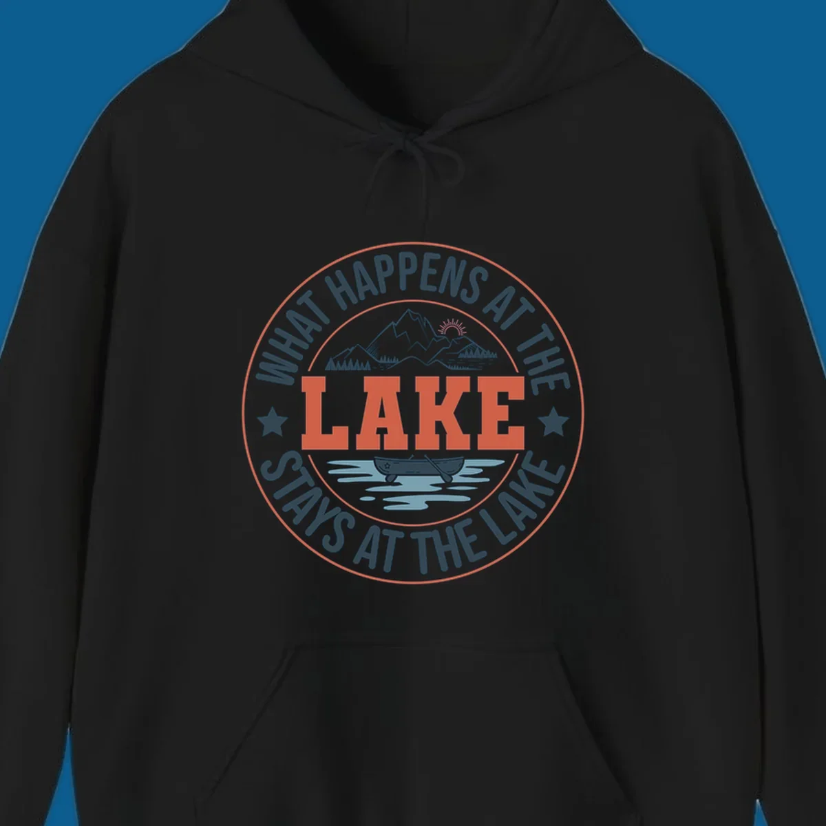 Circular badge design with "What Happens At The Lake Stays At The Lake" text and lake graphic.