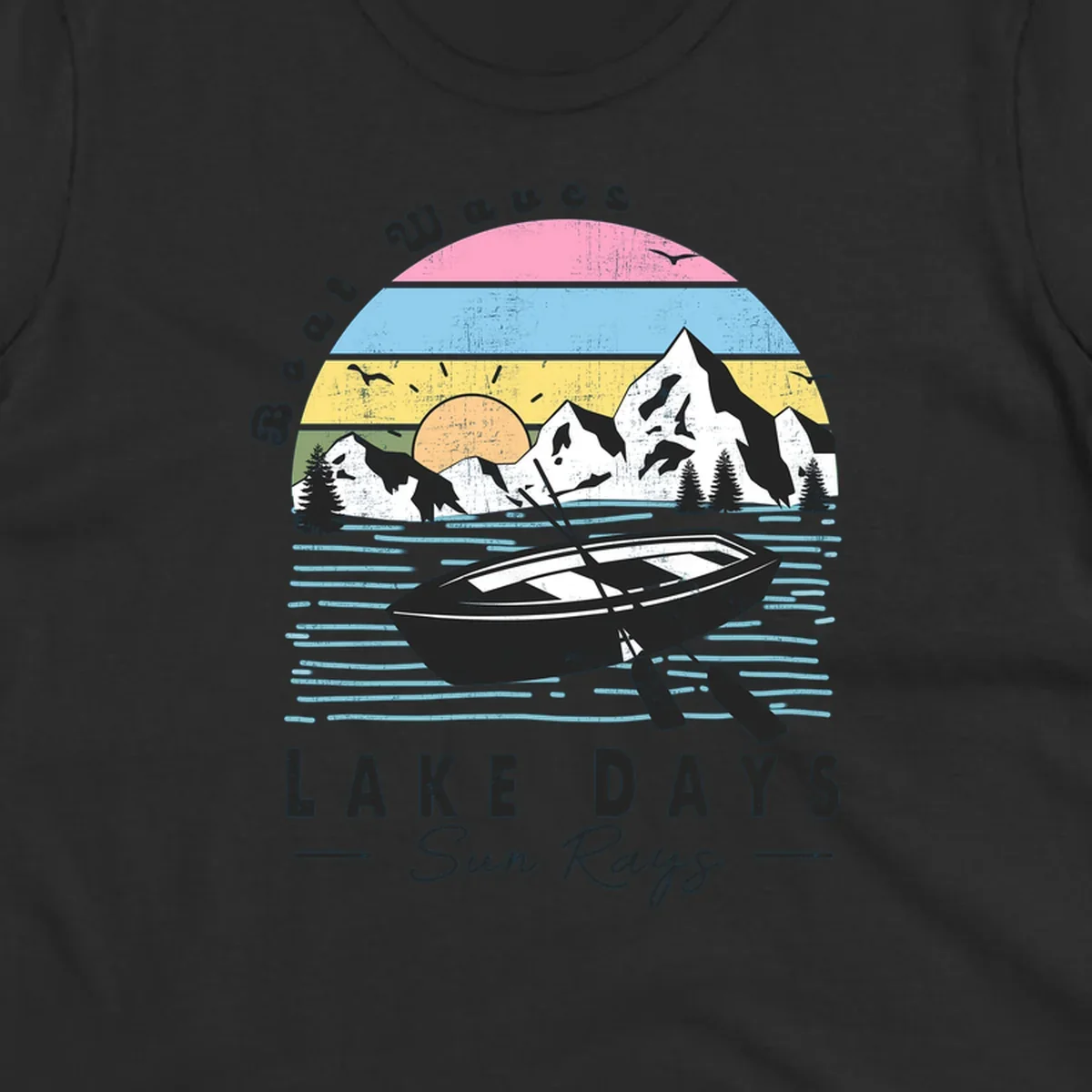 Vintage lake boat scenic design with mountains and sun, text reads Boat Waves, LAKE DAYS Sun Rays.