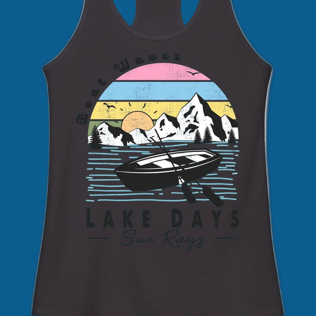 Vintage lake boat scenic design with mountains and sun, text reads Boat Waves, LAKE DAYS Sun Rays.