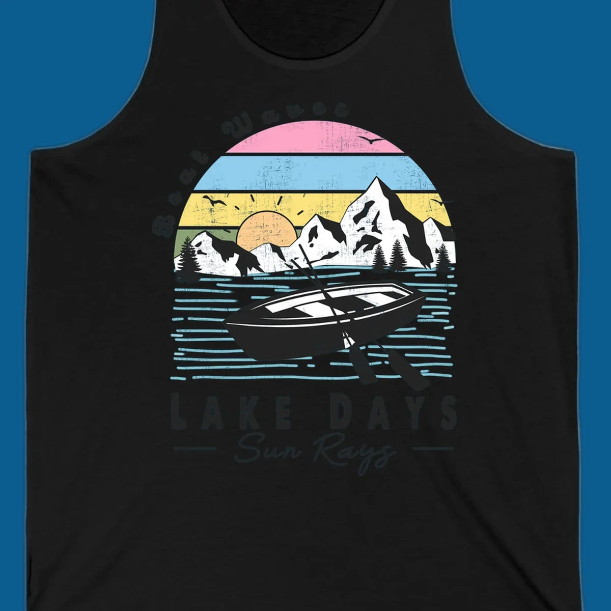 Vintage lake boat scenic design with mountains and sun, text reads Boat Waves, LAKE DAYS Sun Rays.