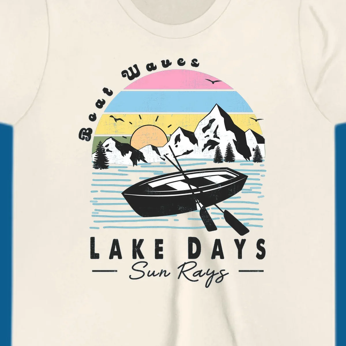 Vintage lake boat scenic design with mountains and sun, text reads Boat Waves, LAKE DAYS Sun Rays.