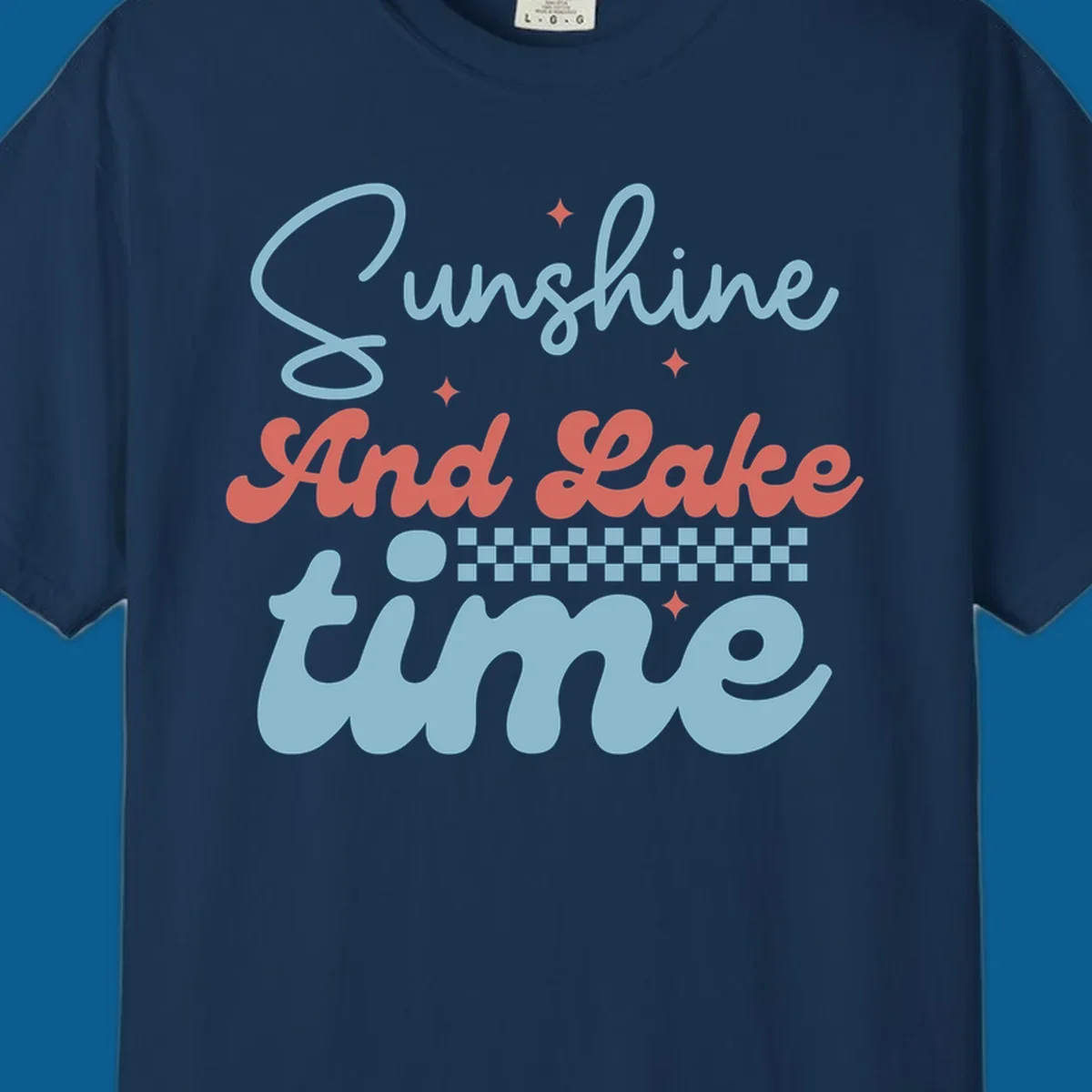 Retro sunshine and lake time text design with sparkle accents and checkerboard pattern.
