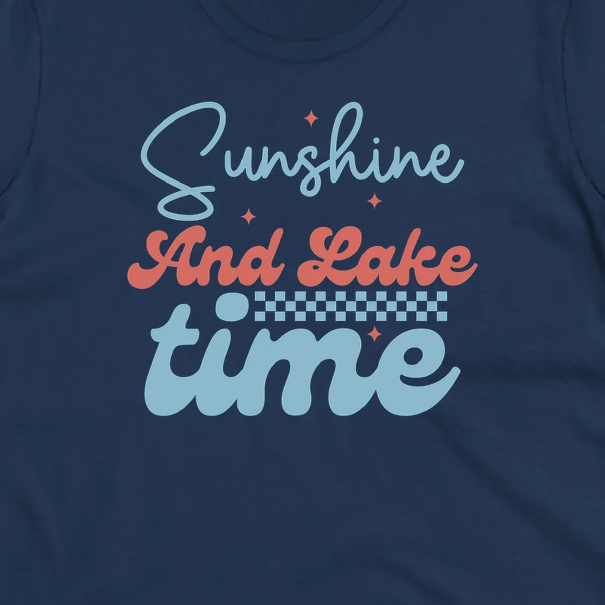 Retro sunshine and lake time text design with sparkle accents and checkerboard pattern.