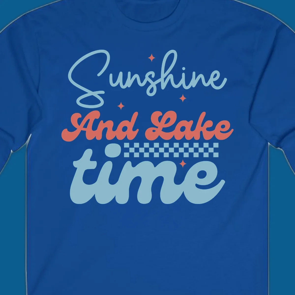 Retro sunshine and lake time text design with sparkle accents and checkerboard pattern.