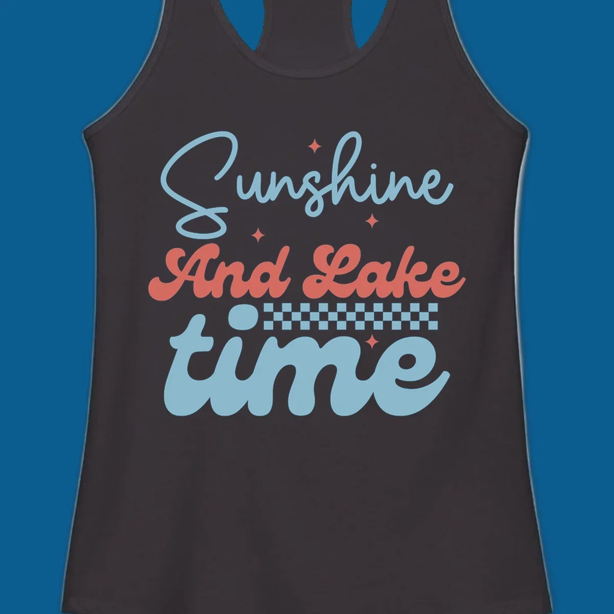 Retro sunshine and lake time text design with sparkle accents and checkerboard pattern.