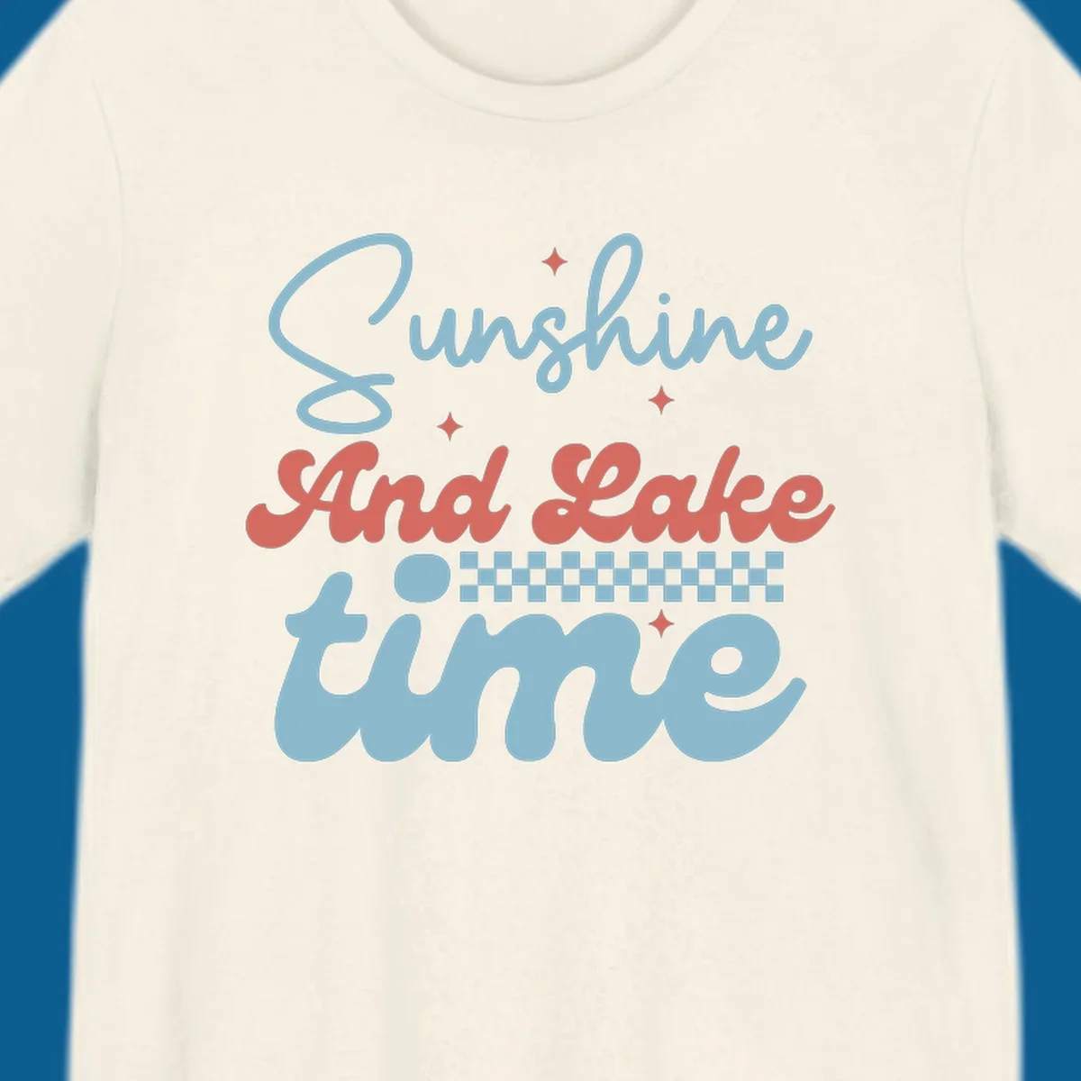 Retro sunshine and lake time text design with sparkle accents and checkerboard pattern.