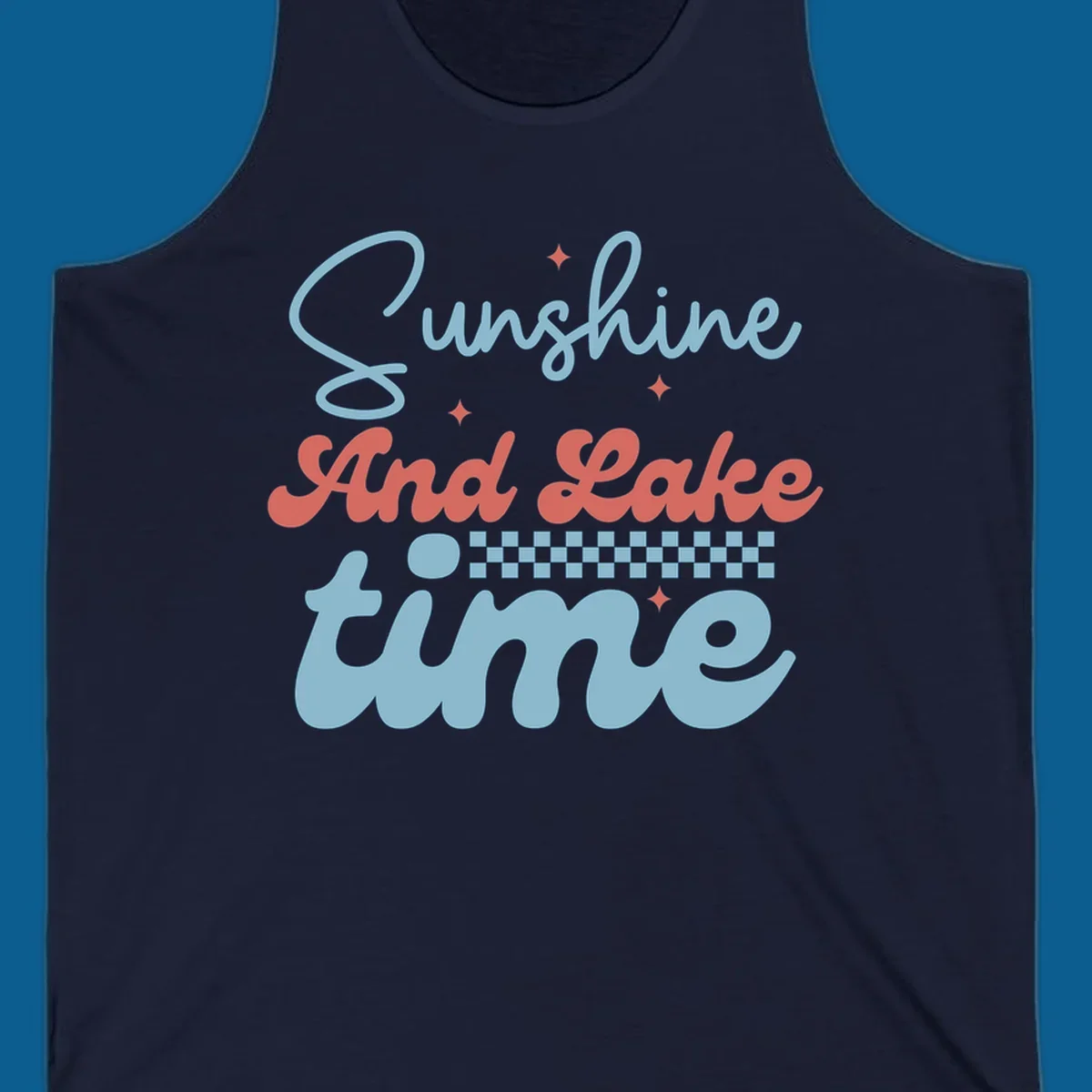 Retro sunshine and lake time text design with sparkle accents and checkerboard pattern.