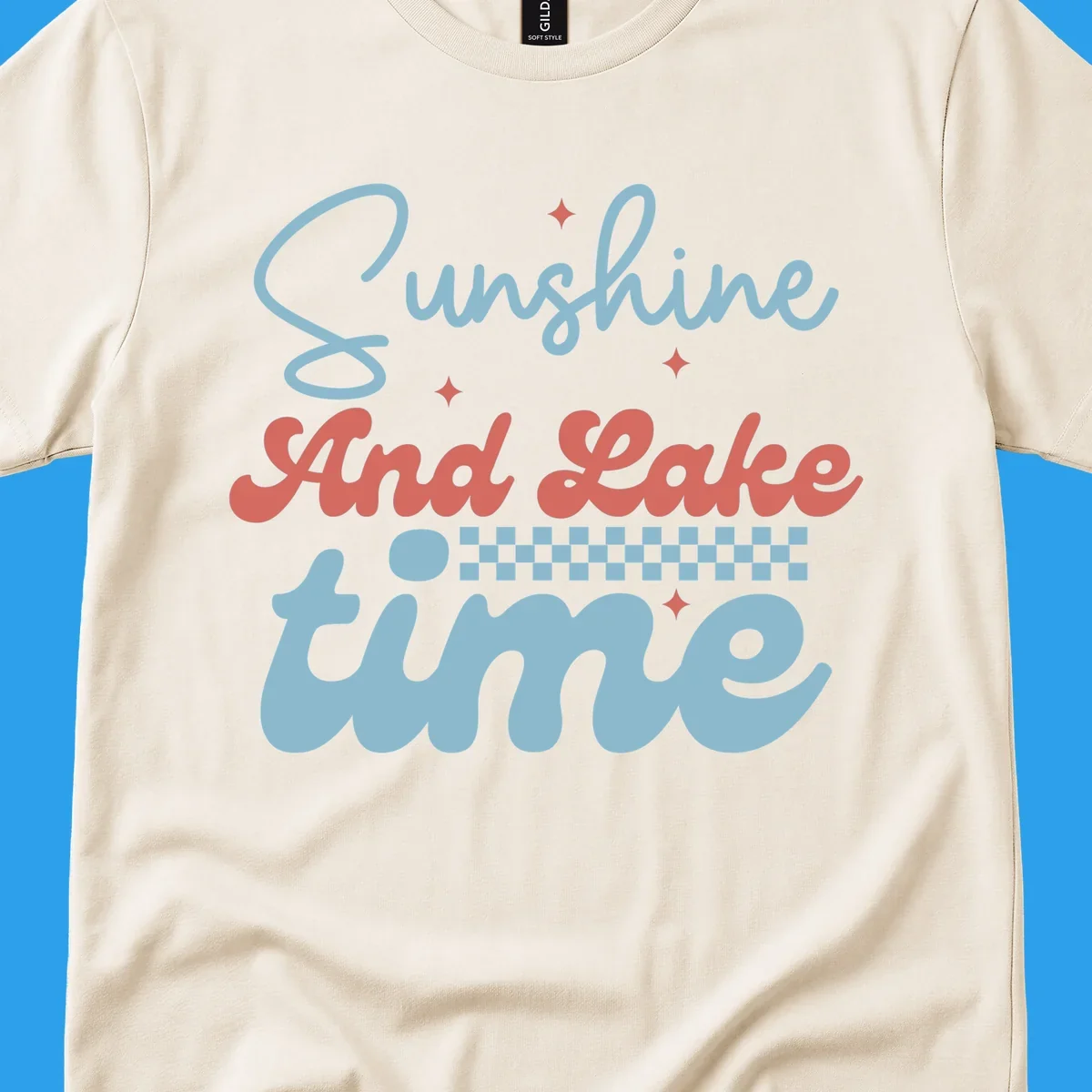 Retro sunshine and lake time text design with sparkle accents and checkerboard pattern.