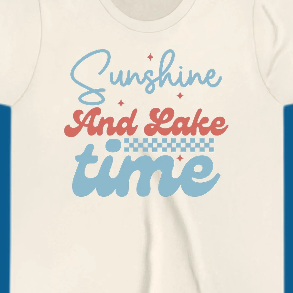 Retro sunshine and lake time text design with sparkle accents and checkerboard pattern.