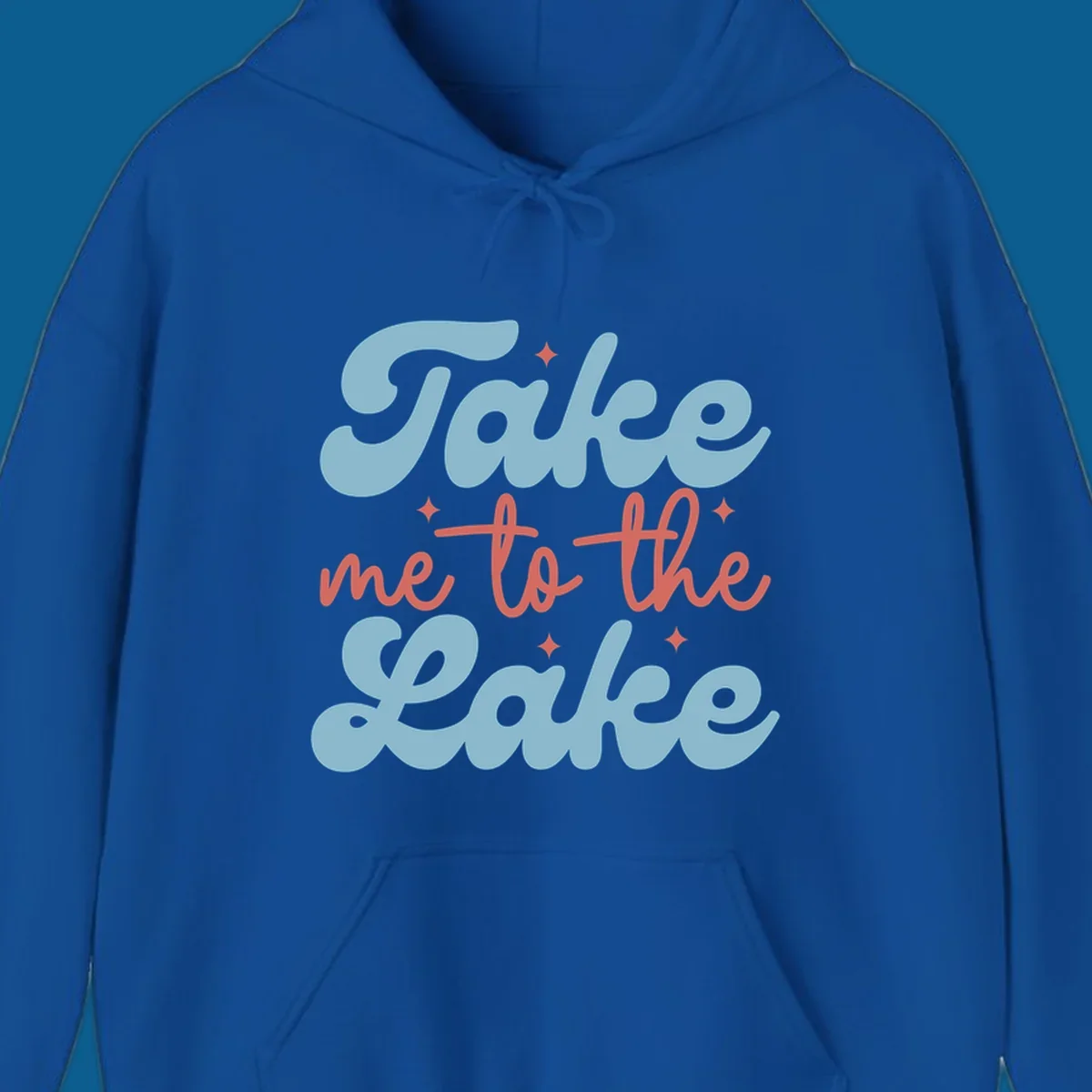 Retro 'Take me to the lake' text design with blue and coral lettering and white starbursts.
