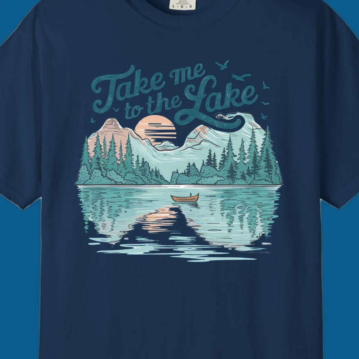 Scenic lake landscape illustration with mountains, trees, rowboat, and text 'Take me to the Lake'.